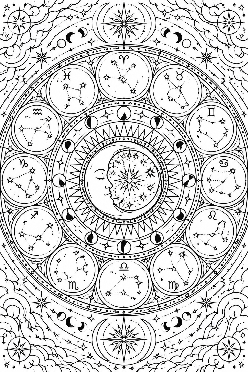 Black and white mandala coloring page showing twelve zodiac constellations arranged in circles around a central moon with a face, plus moon phases and stars throughout the design.