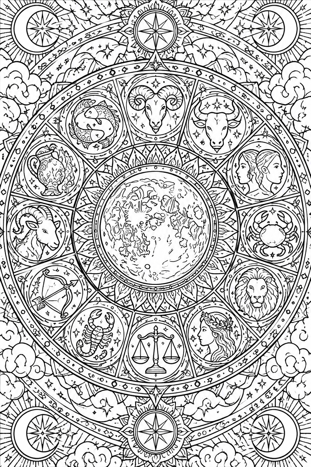 A black and white mandala coloring page showing the twelve zodiac signs circling a central illustration of Earth, with crescent moons and compass roses in the outer rings.