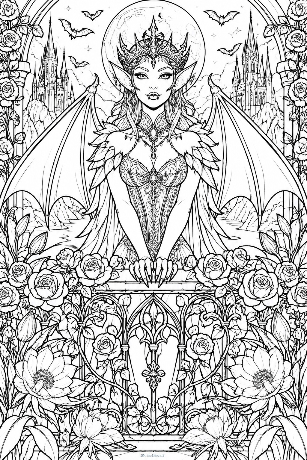 A black and white line drawing of a crowned female vampire with bat wings, surrounded by roses, castles, and a full moon.