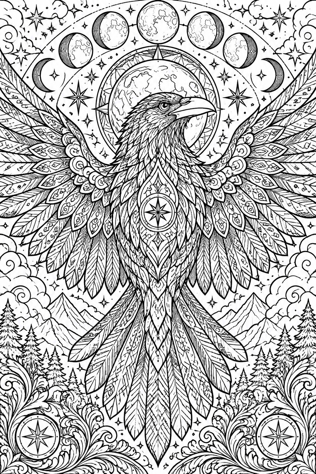 A black and white line drawing of a large eagle with spread wings covered in intricate patterns, surrounded by moon phases, stars, a large planet, mountains, trees, and decorative swirls.