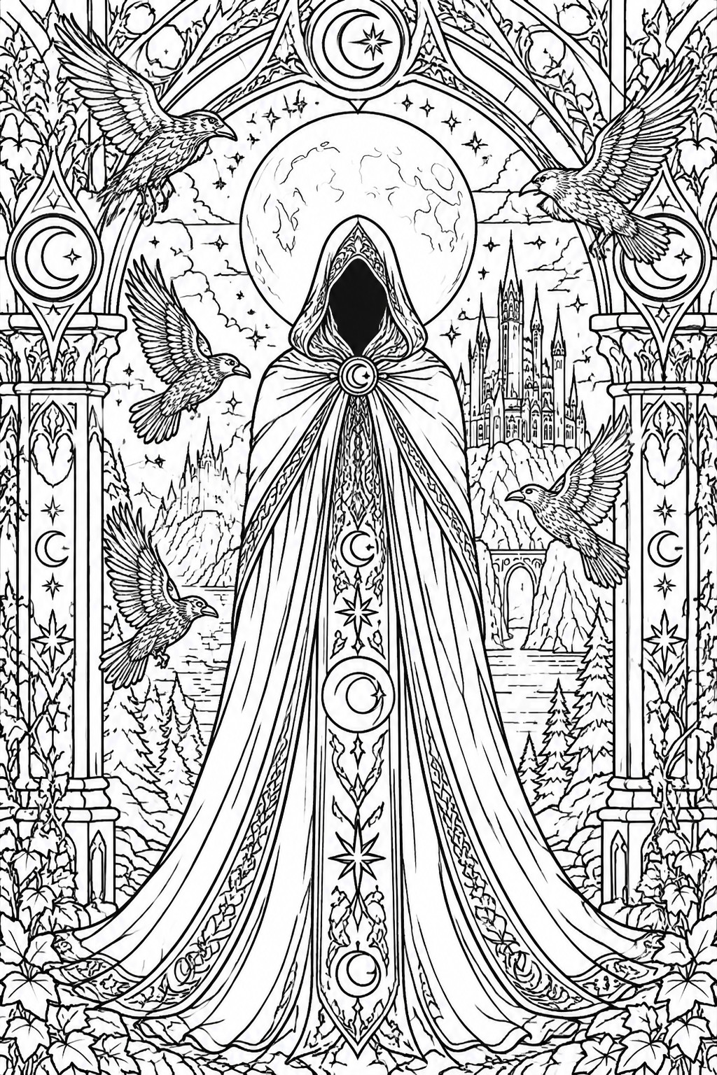 Hooded figure in ornate celestial cloak amid flying ravens, gothic castles, and moon.