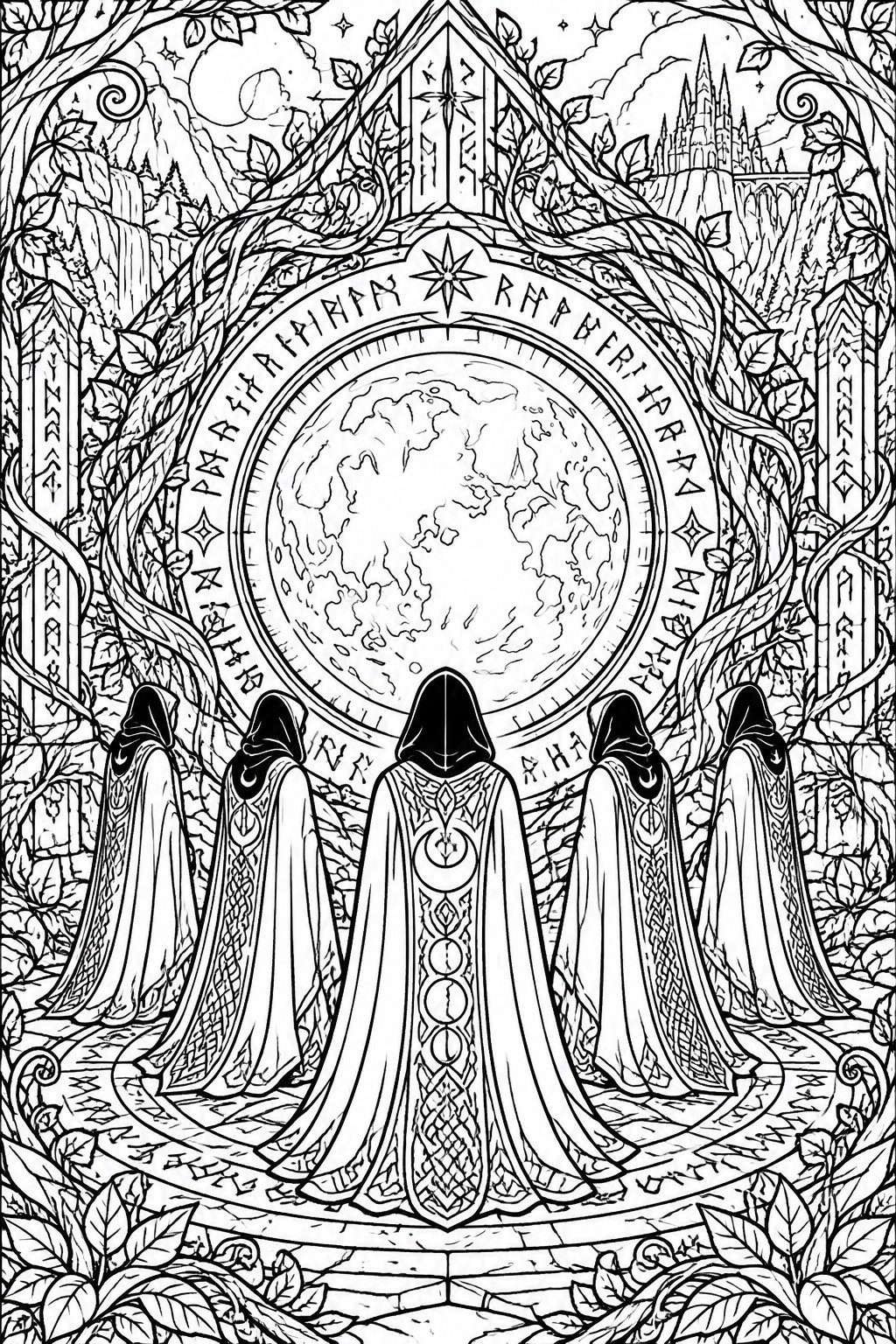 Five hooded figures in robes face a large rune circle with a moon in a fantasy forest.