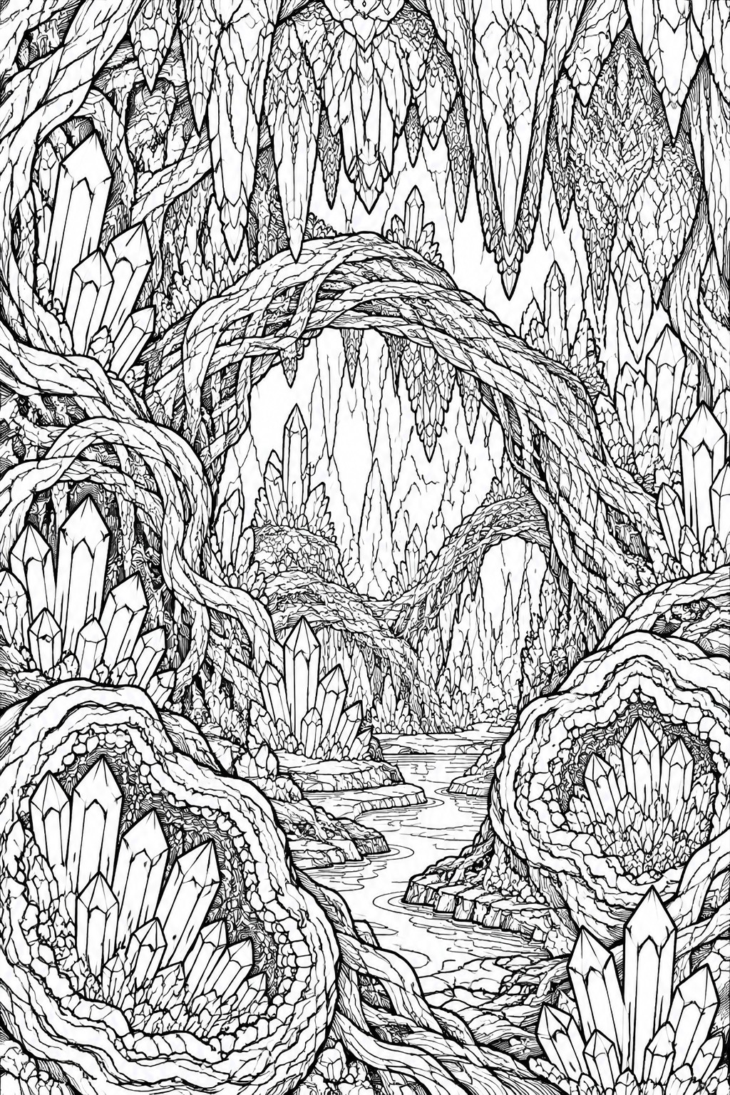 Intricate black-and-white line art of a crystal cave with twisted vines and a winding stream