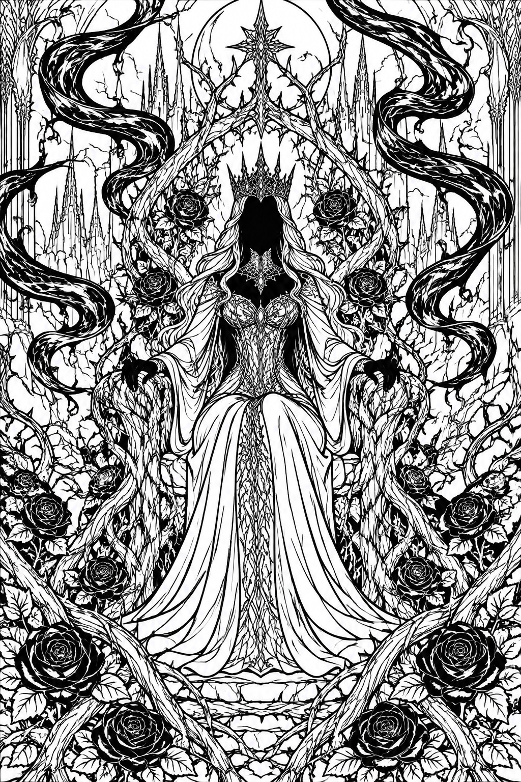 A black and white coloring page shows a crowned woman in an ornate dress surrounded by roses, thorny vines, a large moon, stars, and gothic castle spires in the background.
