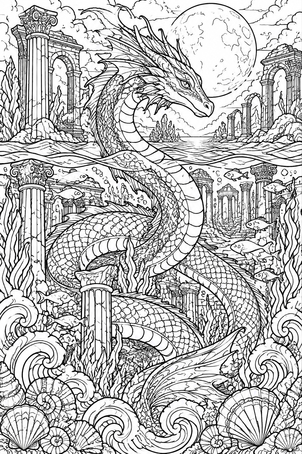 Intricate line art of dragon amid underwater ruins, fish, shells, and full moon.