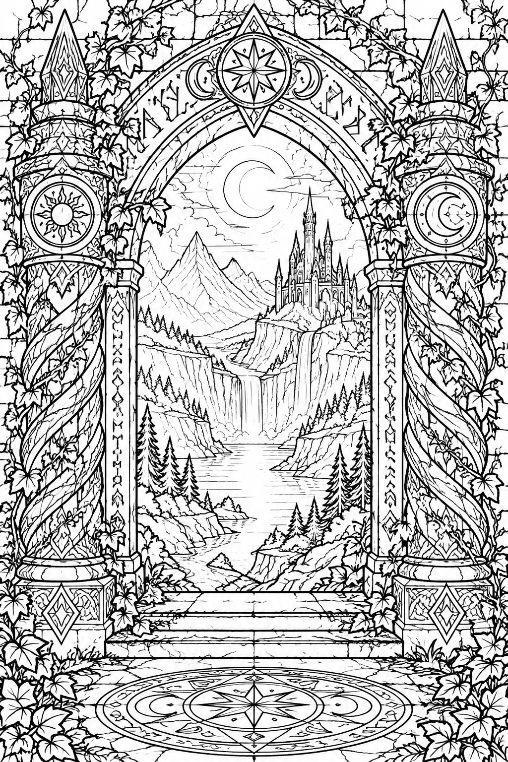 Ornate vine-covered stone arch with celestial symbols framing fantasy castle, mountains, and waterfalls in line art.