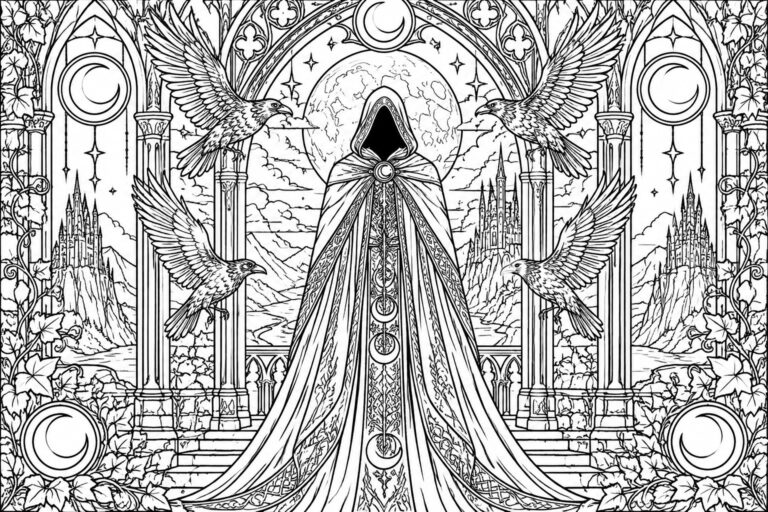24 Intricate Dark Fantasy Coloring Pages for Adults Designed for Detailed Shading Hooded figure in ornate celestial cloak amid flying ravens, gothic castles, and moon.