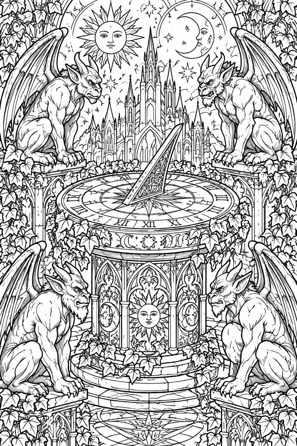 Four gargoyles encircle an ornate sundial before gothic spires under sun and moon.