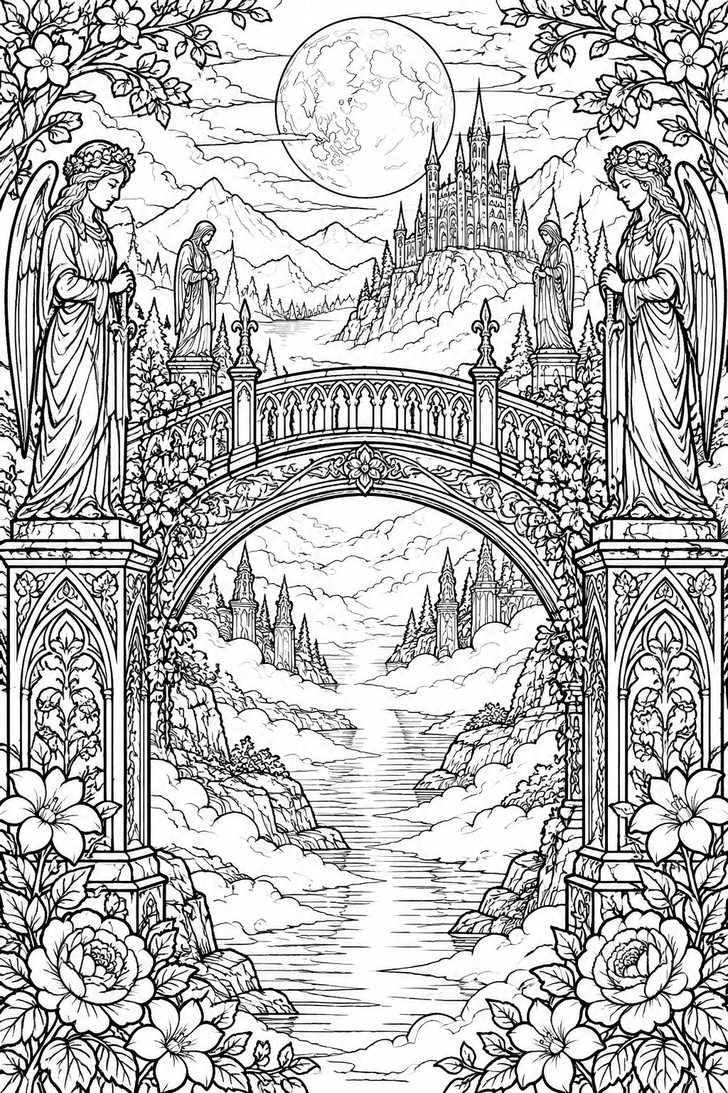 Ornate bridge with angel statues overlooks fantasy castle under full moon in line art.