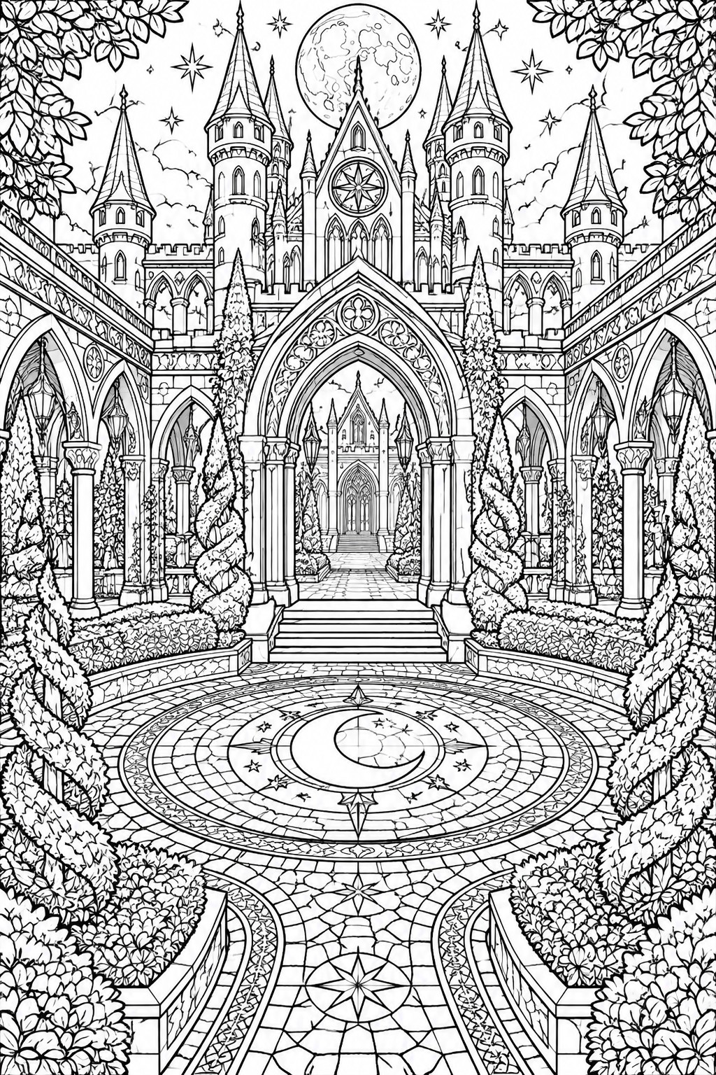 Intricate black-and-white line art of a moonlit fantasy castle courtyard with starry mosaic floor.