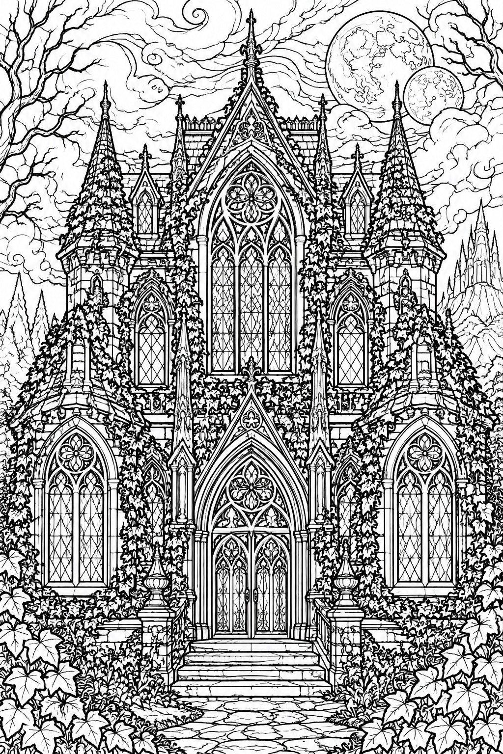 Gothic castle with ivy-covered spires, arched windows and doors under two moons