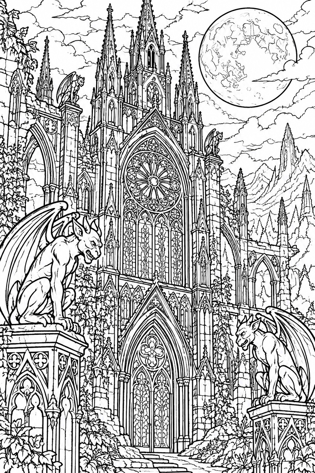 A black and white line drawing of a gothic cathedral with gargoyles, a full moon, and mountains in the background.