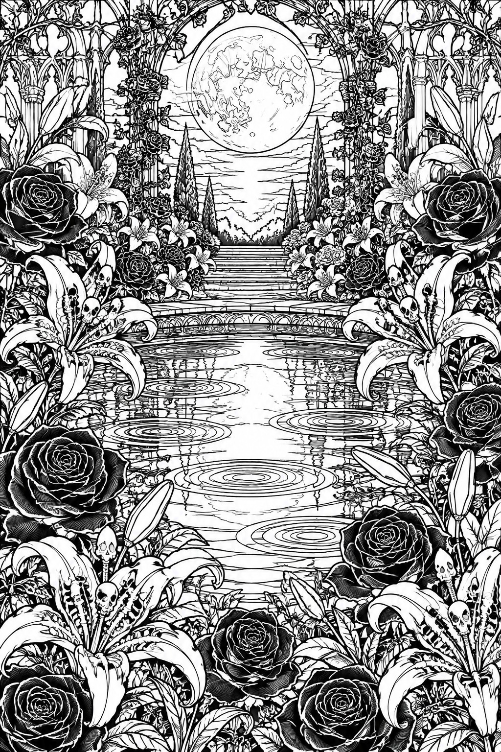 Black and white line drawing of a moonlit garden with a rippling pond, stone stairs, gothic arches, roses, lilies, and skulls.