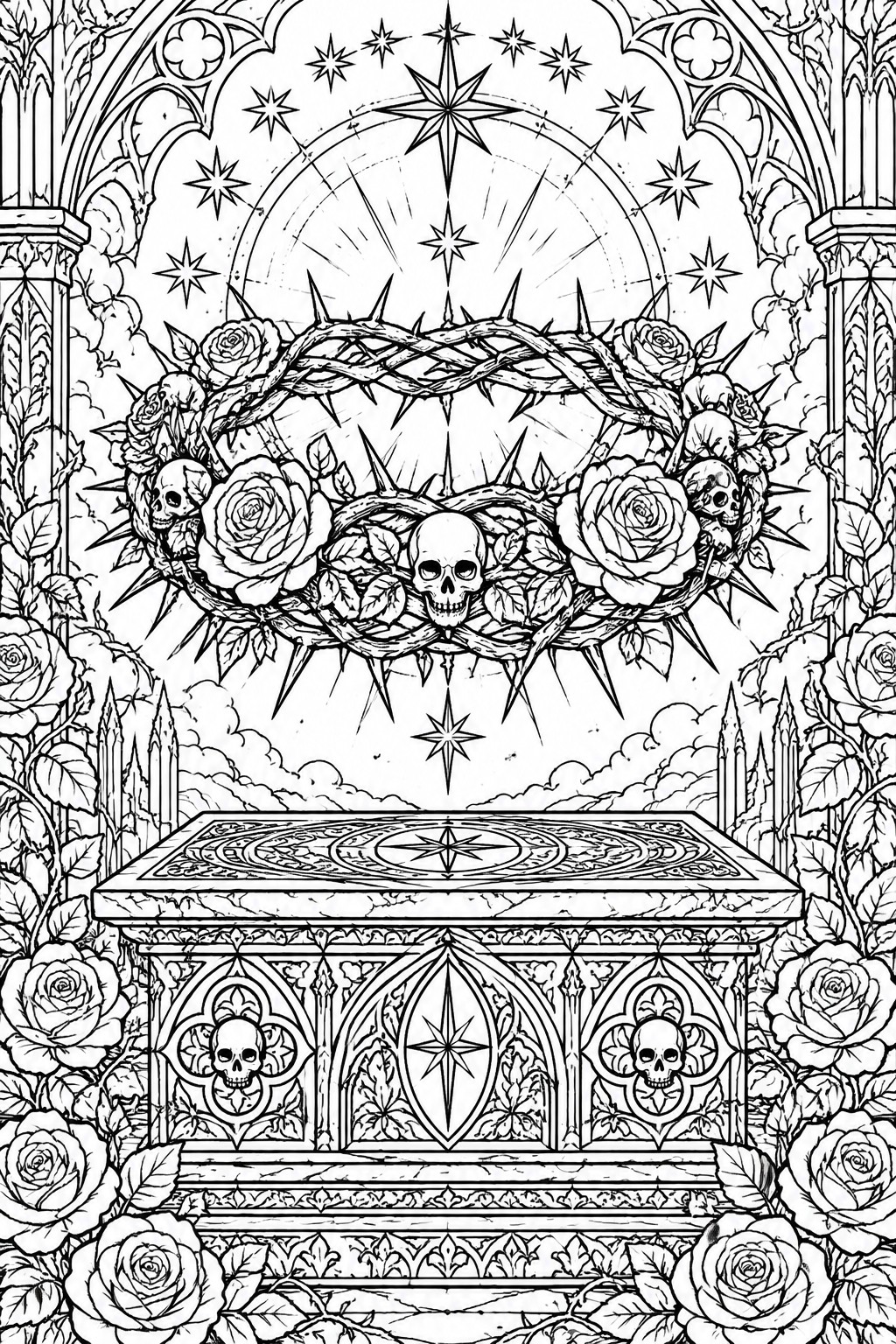 Gothic line art of ornate tomb beneath thorny skull wreath with roses and stars