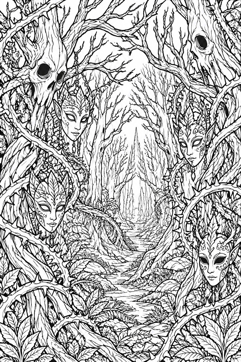 Detailed black and white fantasy scene of four masked elves in a twisted forest path.