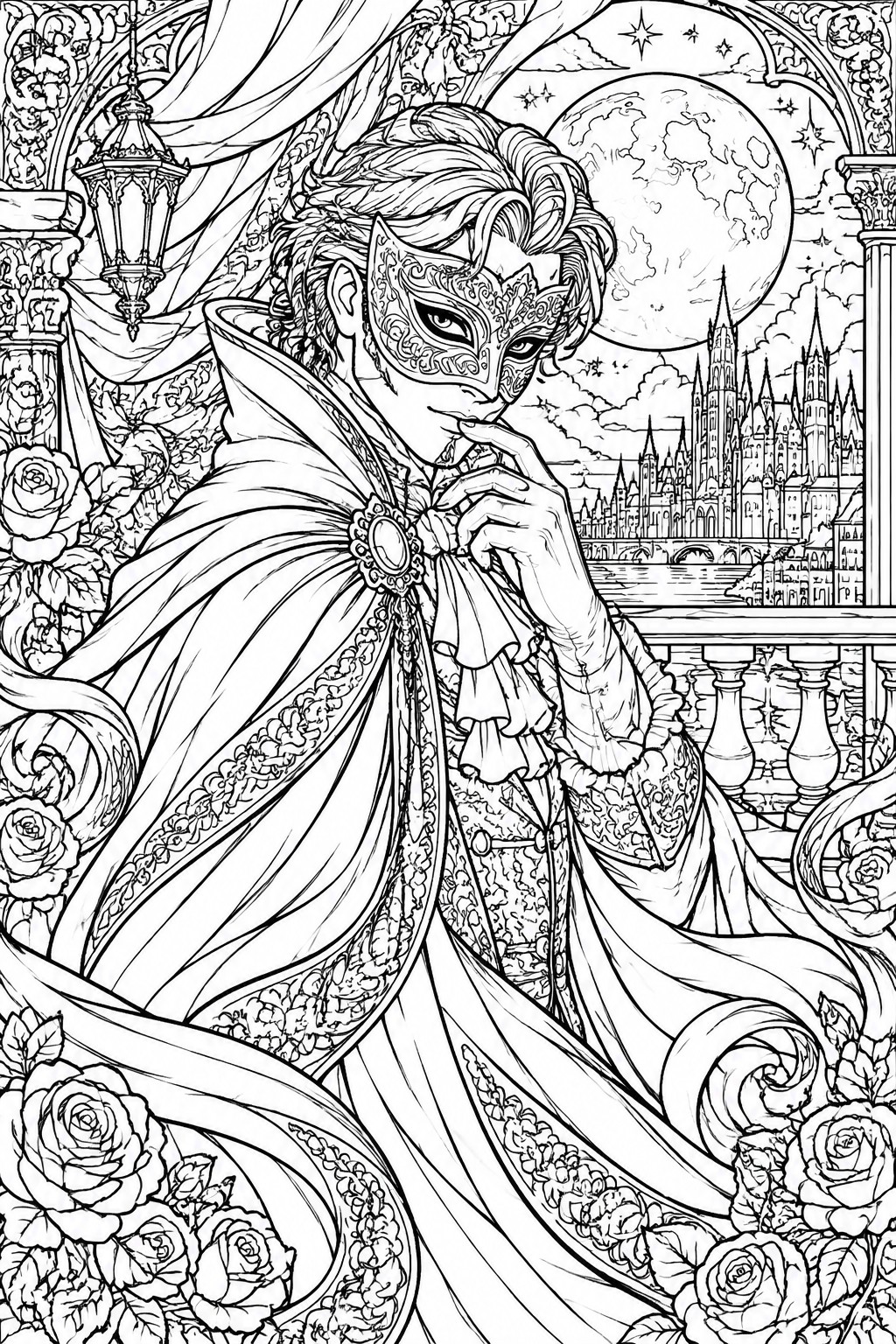 Masked figure in ornate cape on balcony under full moon with roses and gothic city