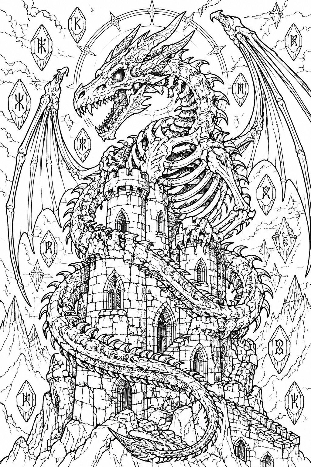 Detailed line art of skeletal dragon wrapped around ruined castle with floating rune crystals.