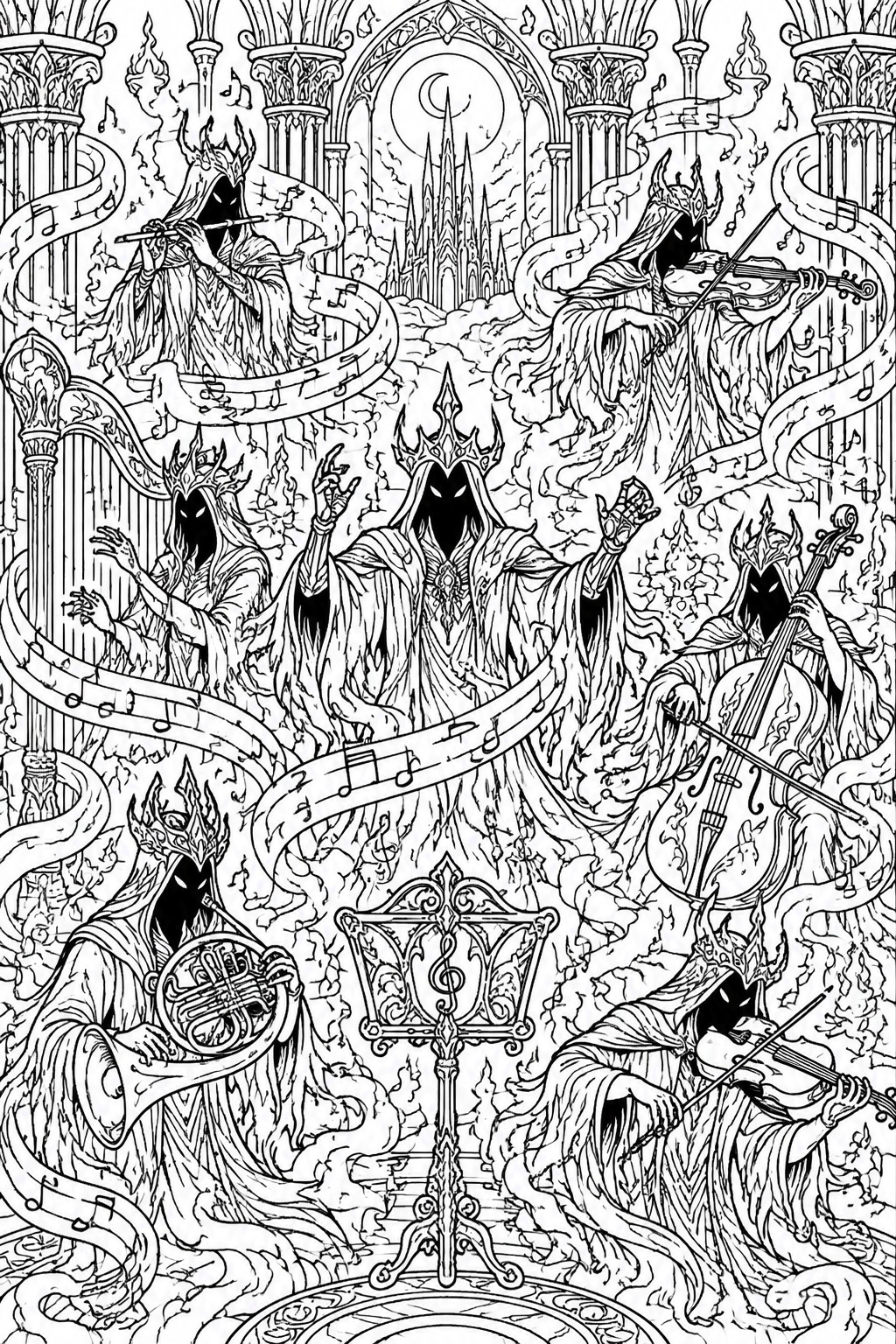 Hooded crowned figures play violin, cello, and horn amid gothic pillars with swirling notes.