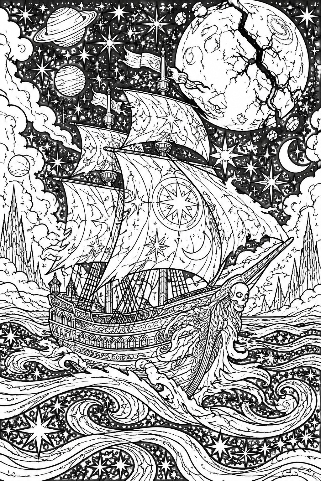 Intricate cosmic ship with billowing sails, skull figurehead, starry waves, planets and moon.