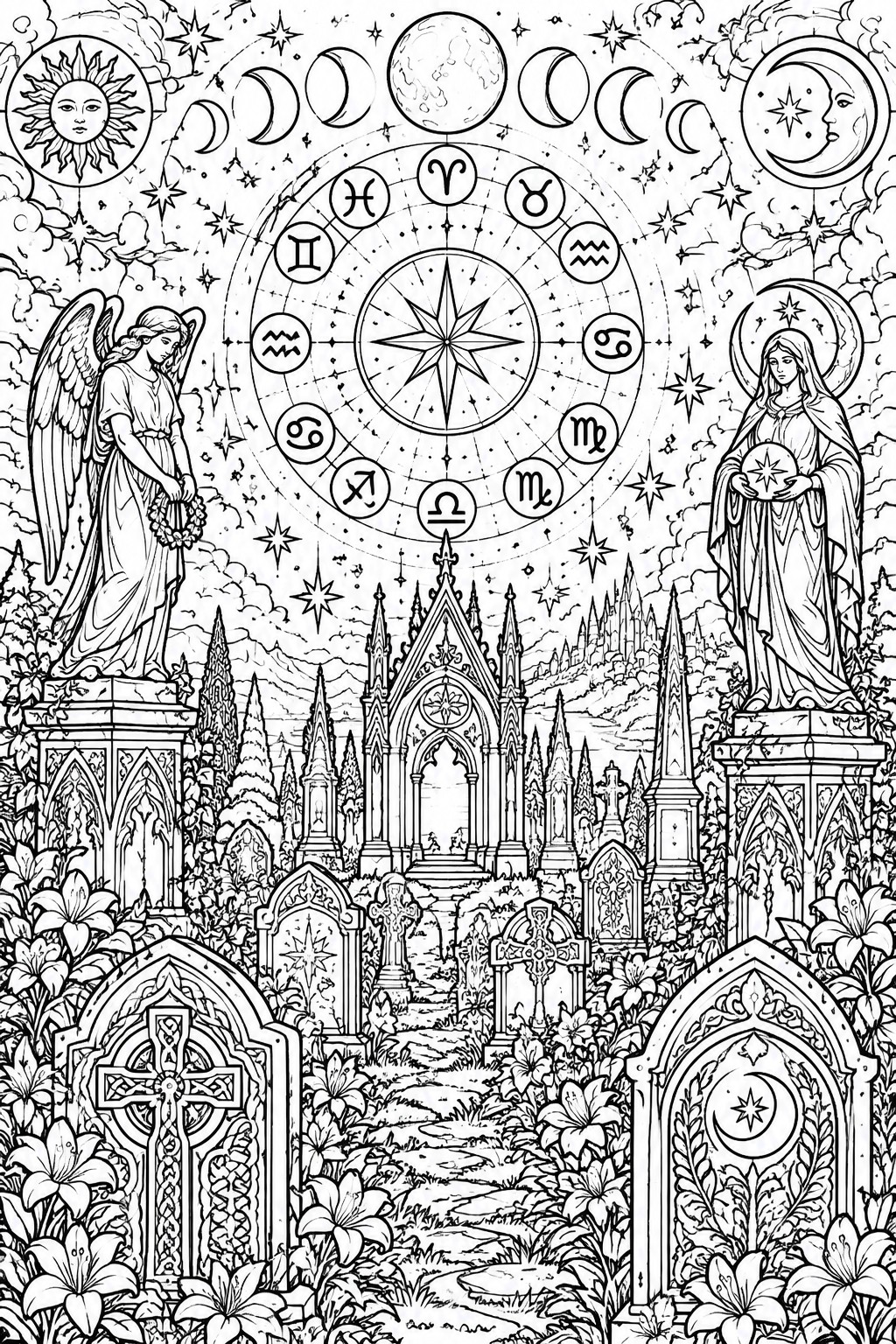 Detailed line art of celestial cemetery with zodiac wheel, angels, and gothic tombs.