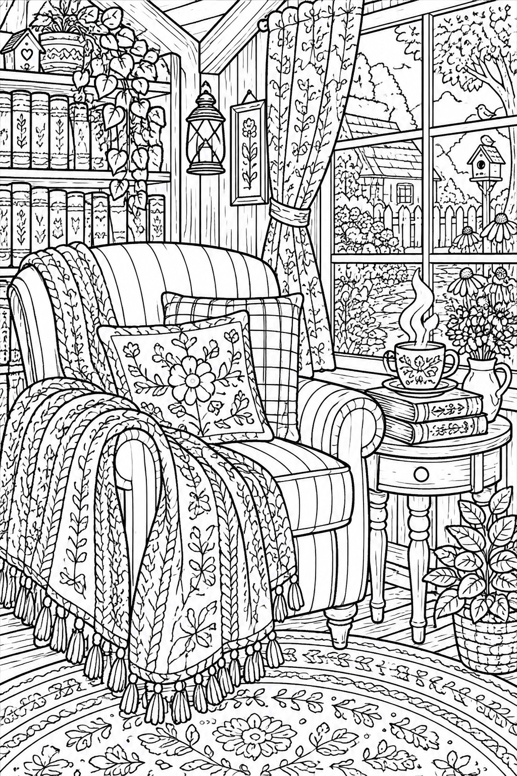 A black and white line drawing of a cushioned armchair with pillows and a blanket next to a window showing a garden, with a side table holding books and a cup.
