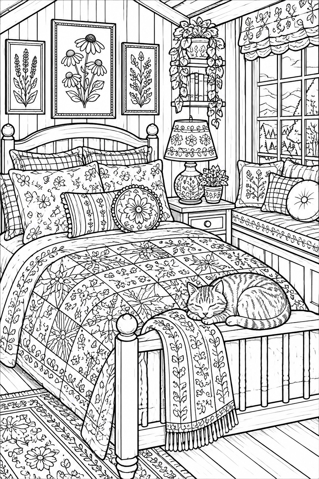 Cozy bedroom line art with sleeping cat on floral quilted bed and pillows.