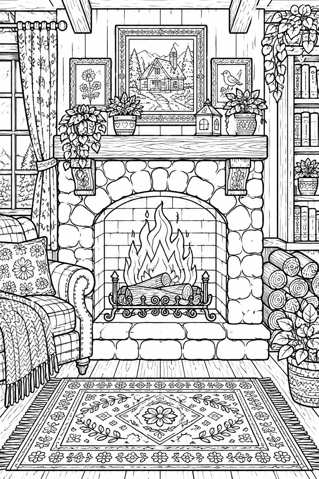 A black and white line drawing of a cottage living room with a large stone fireplace, burning logs, a mantel with plants and pictures, an armchair, a patterned rug, and a bookshelf.