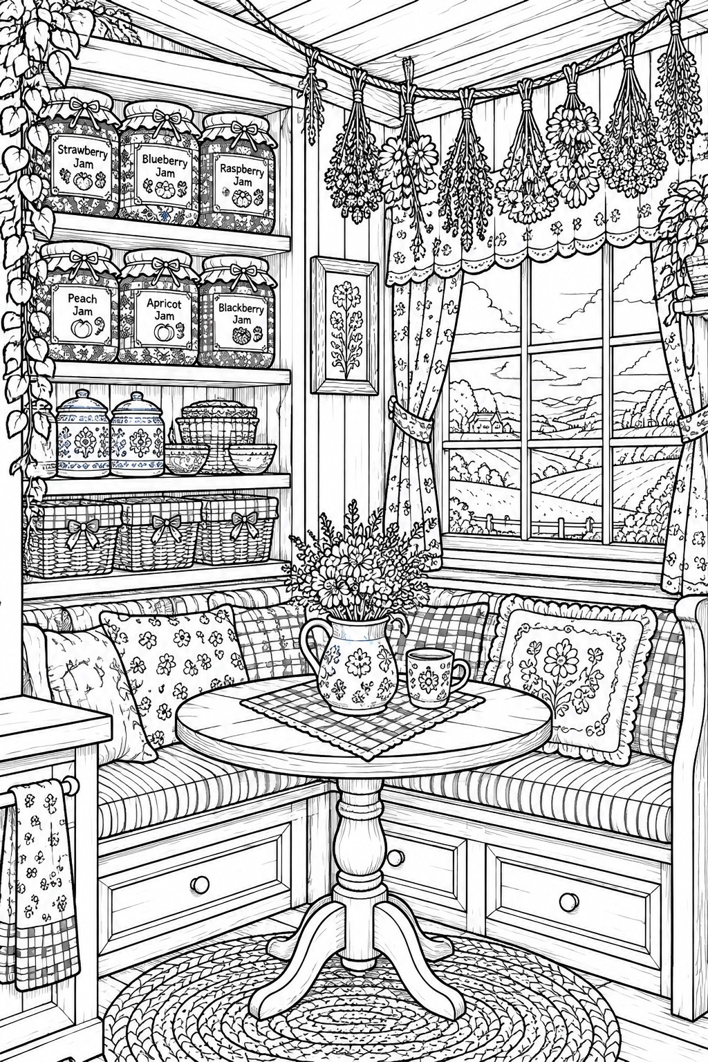 Black-and-white line drawing of cozy kitchen nook with jam jars and round table.