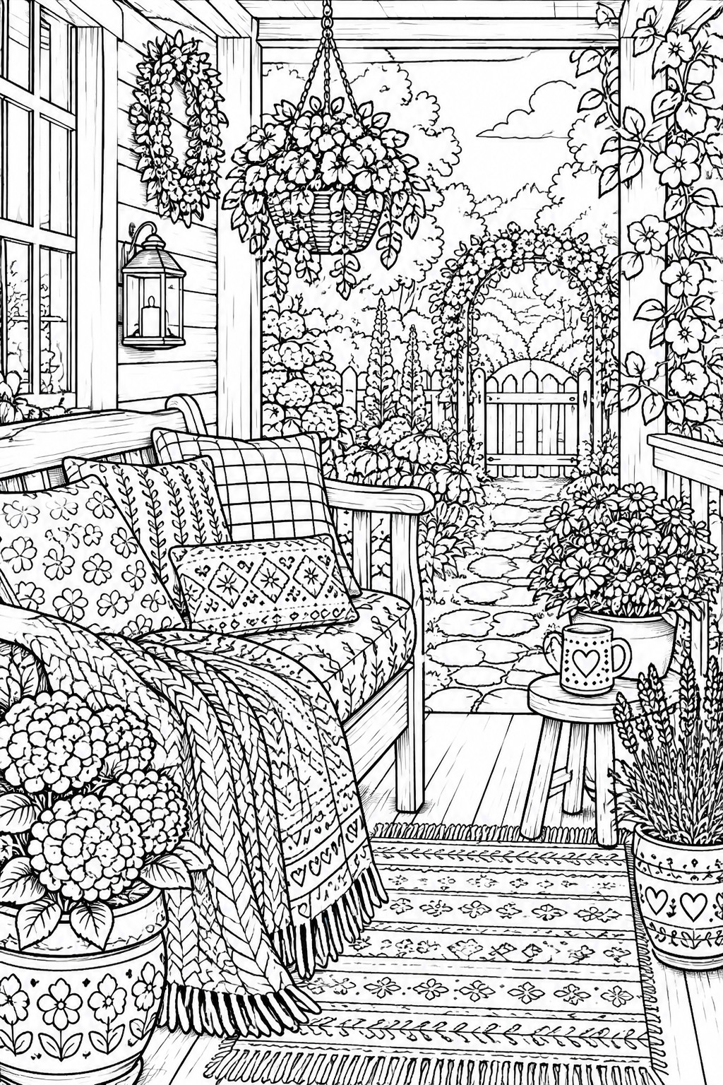Cozy line-art porch with cushioned bench, hanging flowers, potted plants, and garden path