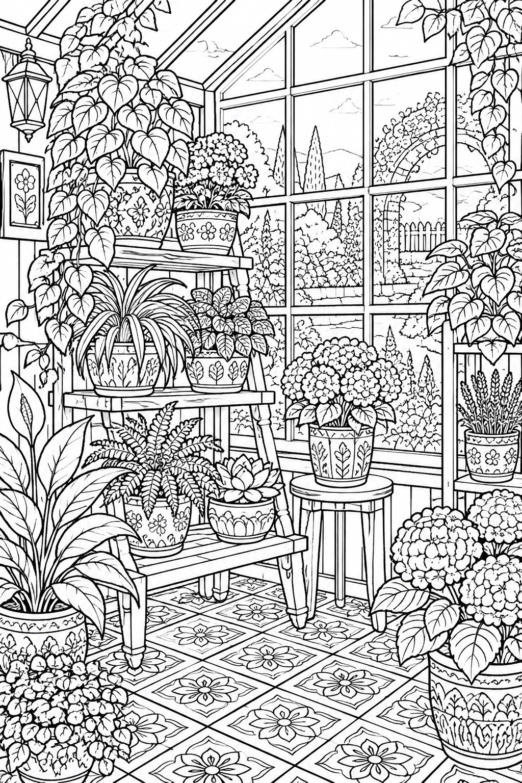 Black and white line drawing of a greenhouse interior with multiple potted plants on wooden shelves, a stool, patterned tile floor, and large windows showing a garden.