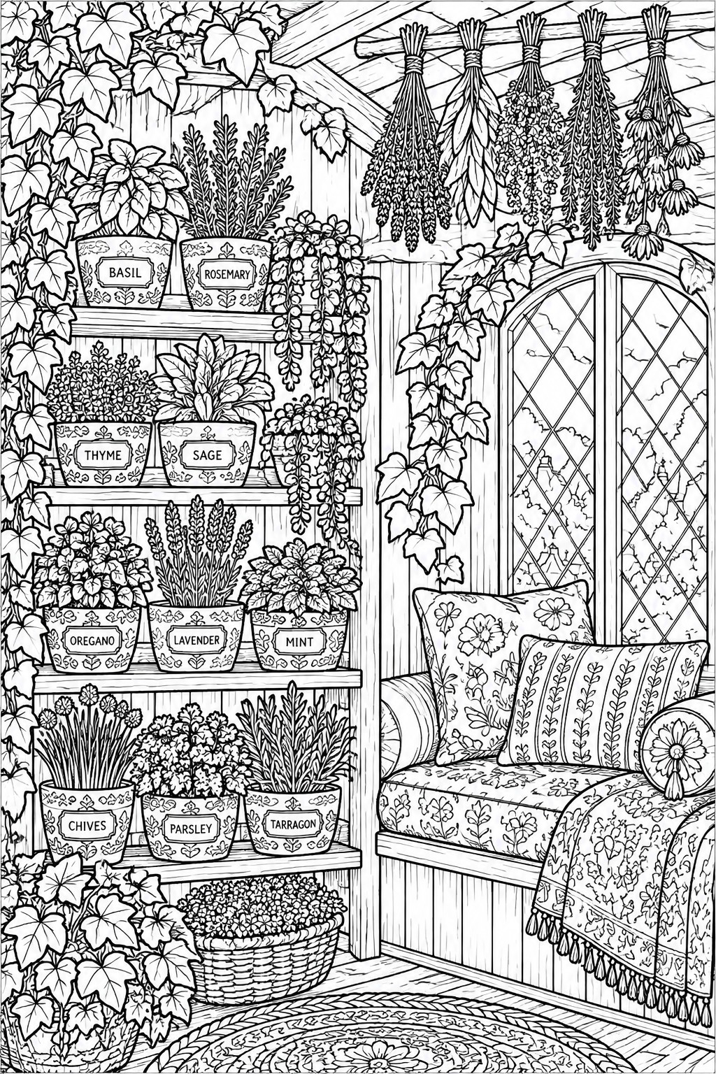 Coloring page of labeled herb pots on shelves, hanging bundles, and window bench