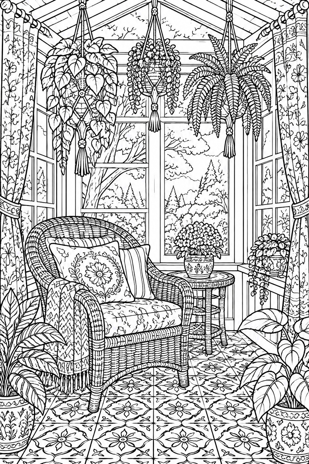 Wicker armchair amid hanging plants, potted foliage, patterned curtains and tiled sunroom floor