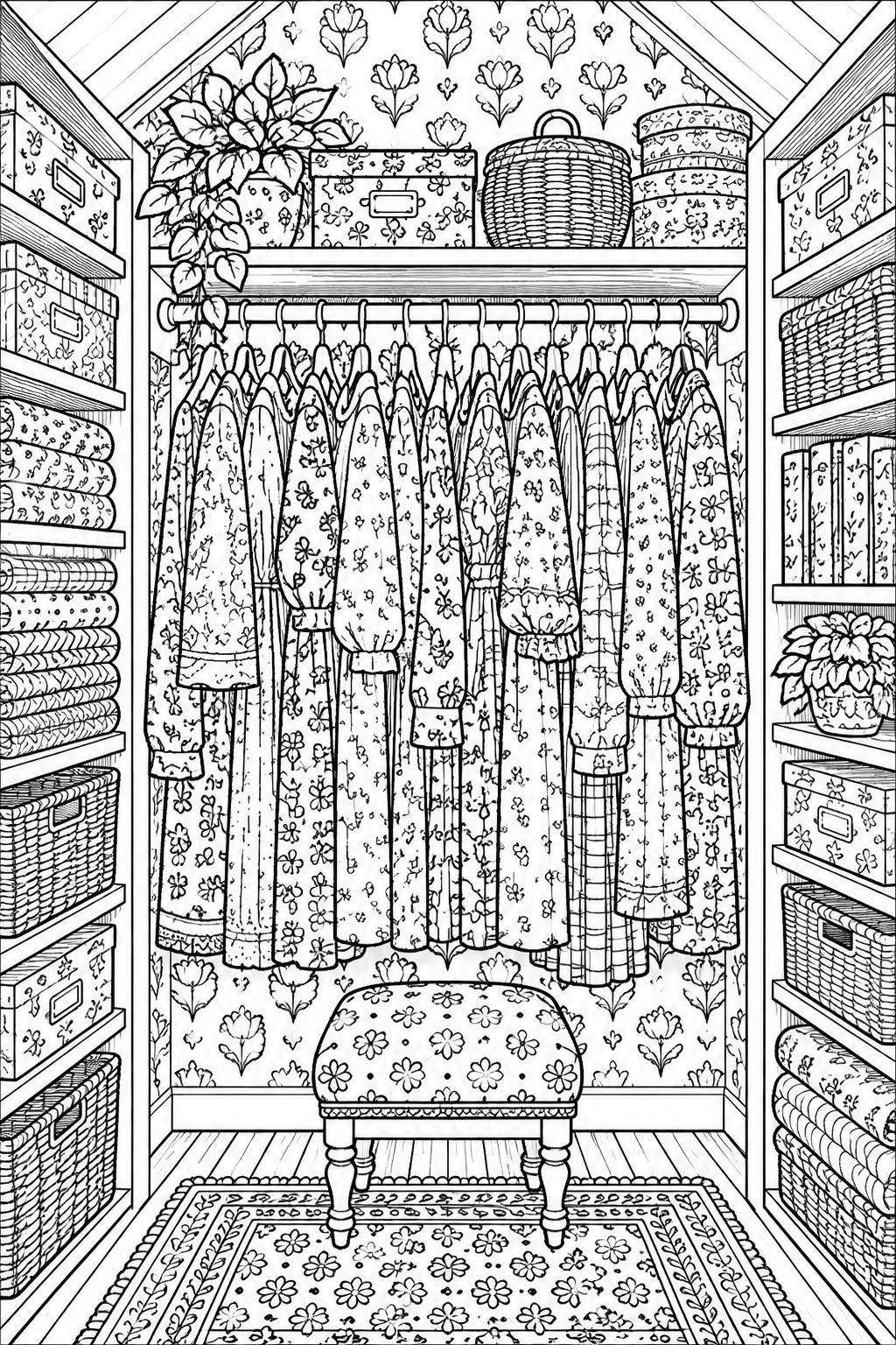 A black and white coloring page of a walk-in closet showing hanging floral dresses, shelves with baskets and boxes, a patterned bench, and a rug.