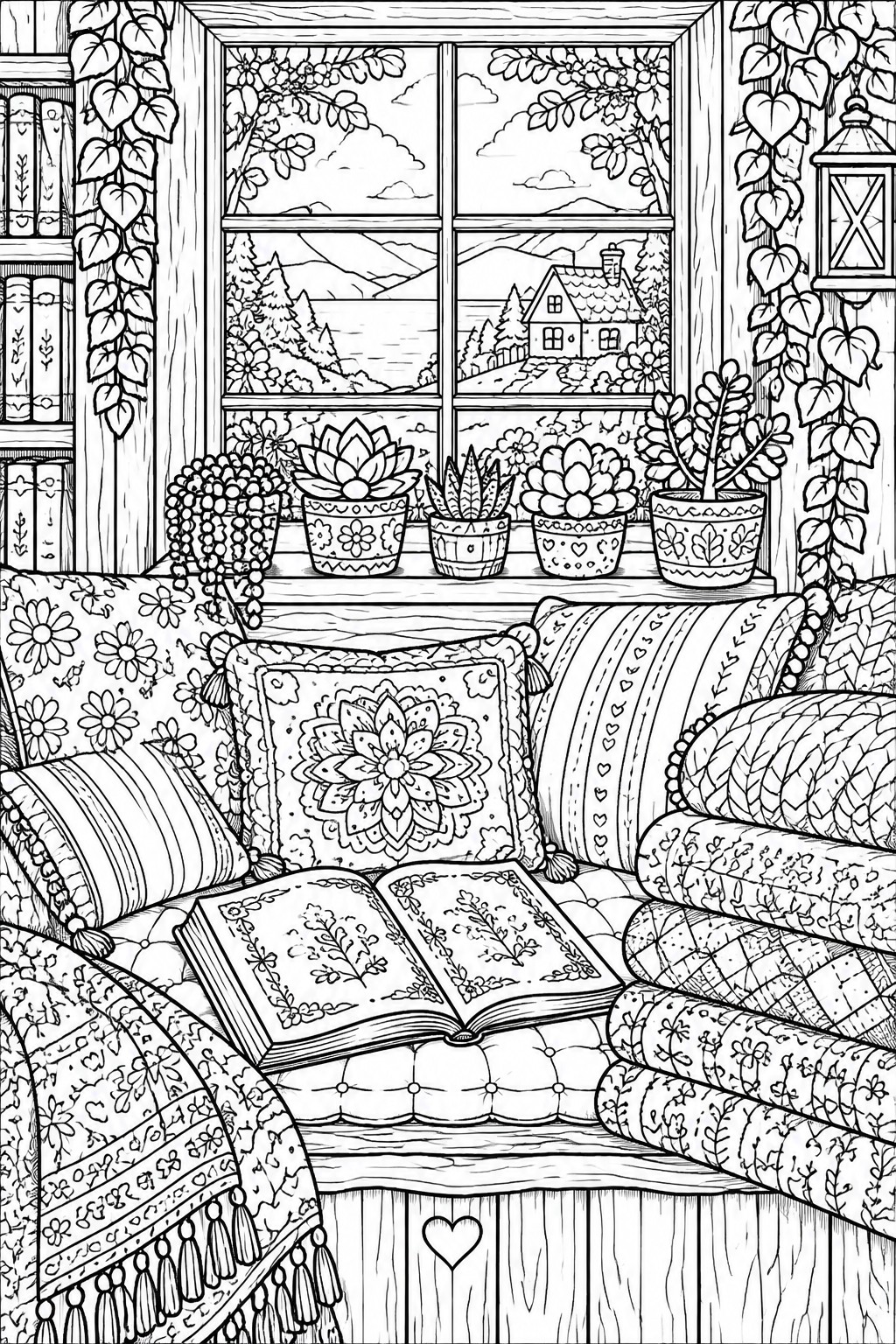 Black and white line drawing of cozy window nook with open book, cushions, and potted plants