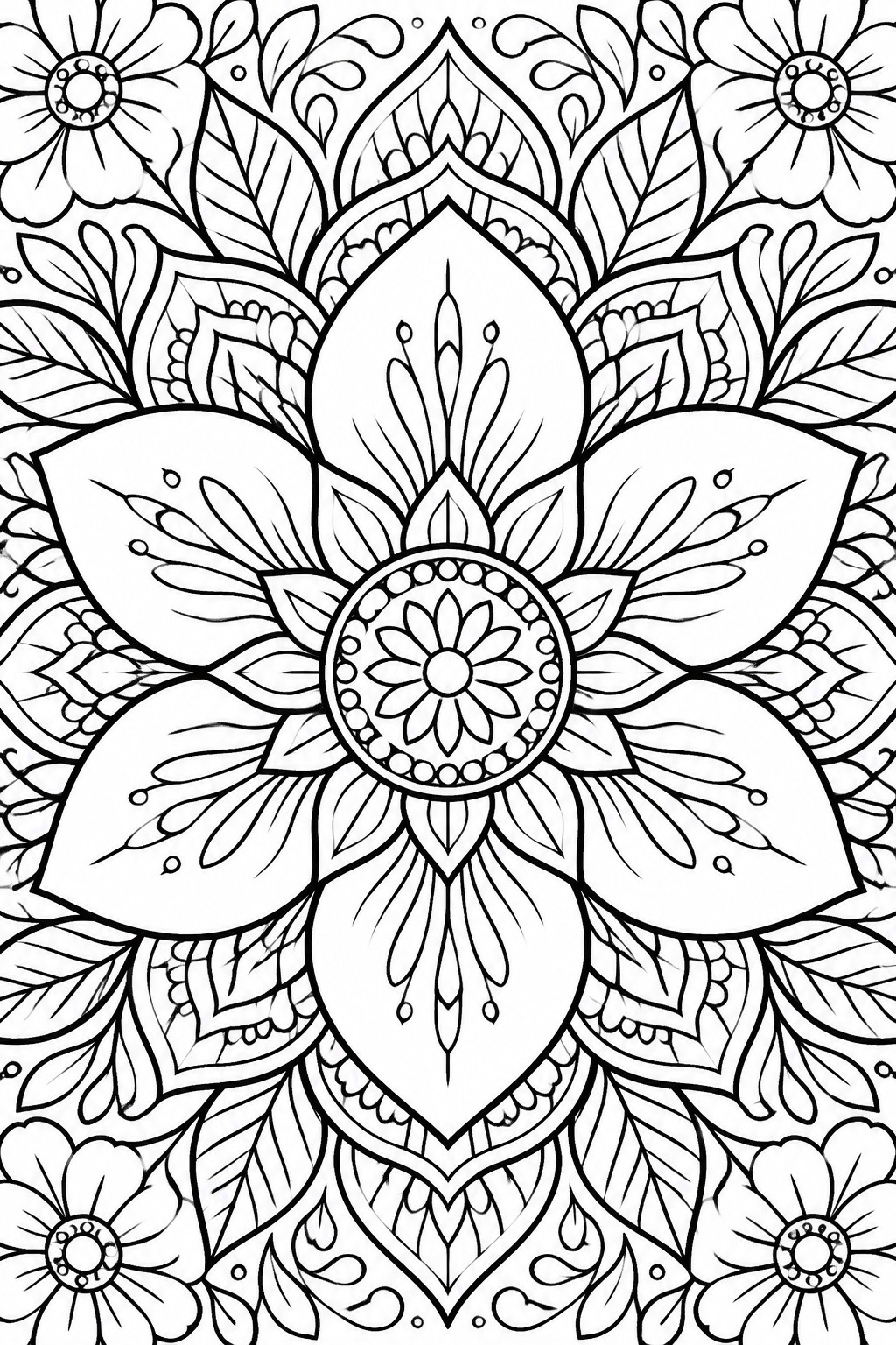 A black and white mandala coloring page featuring a central flower surrounded by large petals, leaves, and smaller flowers in the corners.