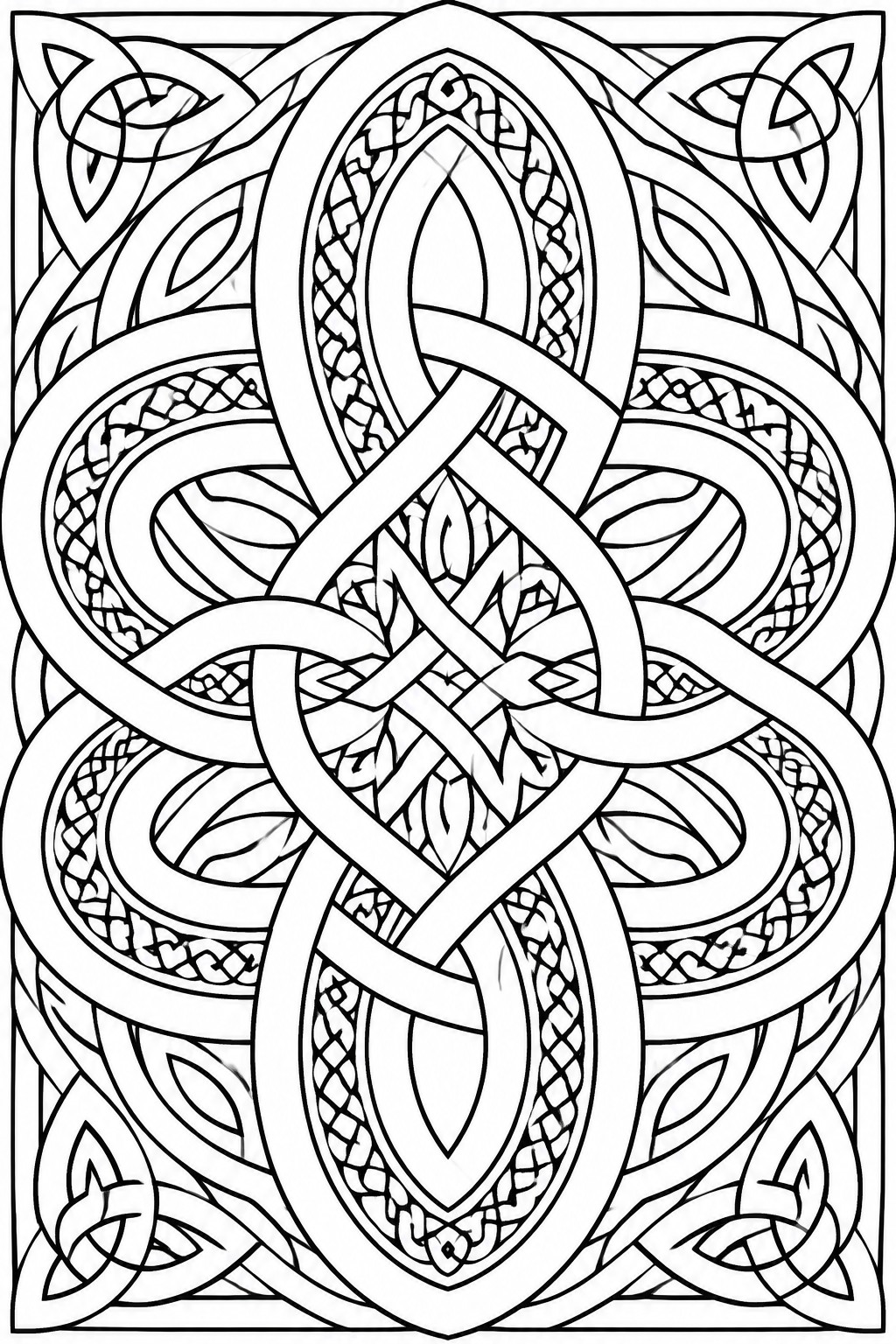 Intricate black-and-white Celtic knotwork with interwoven loops, braids, and pointed motifs.