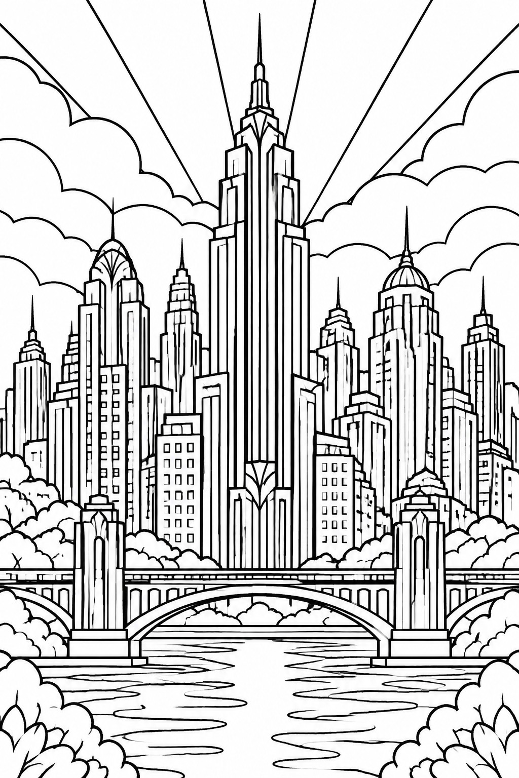 Black-and-white line art of skyscrapers, arched bridge over river, clouds and sun rays