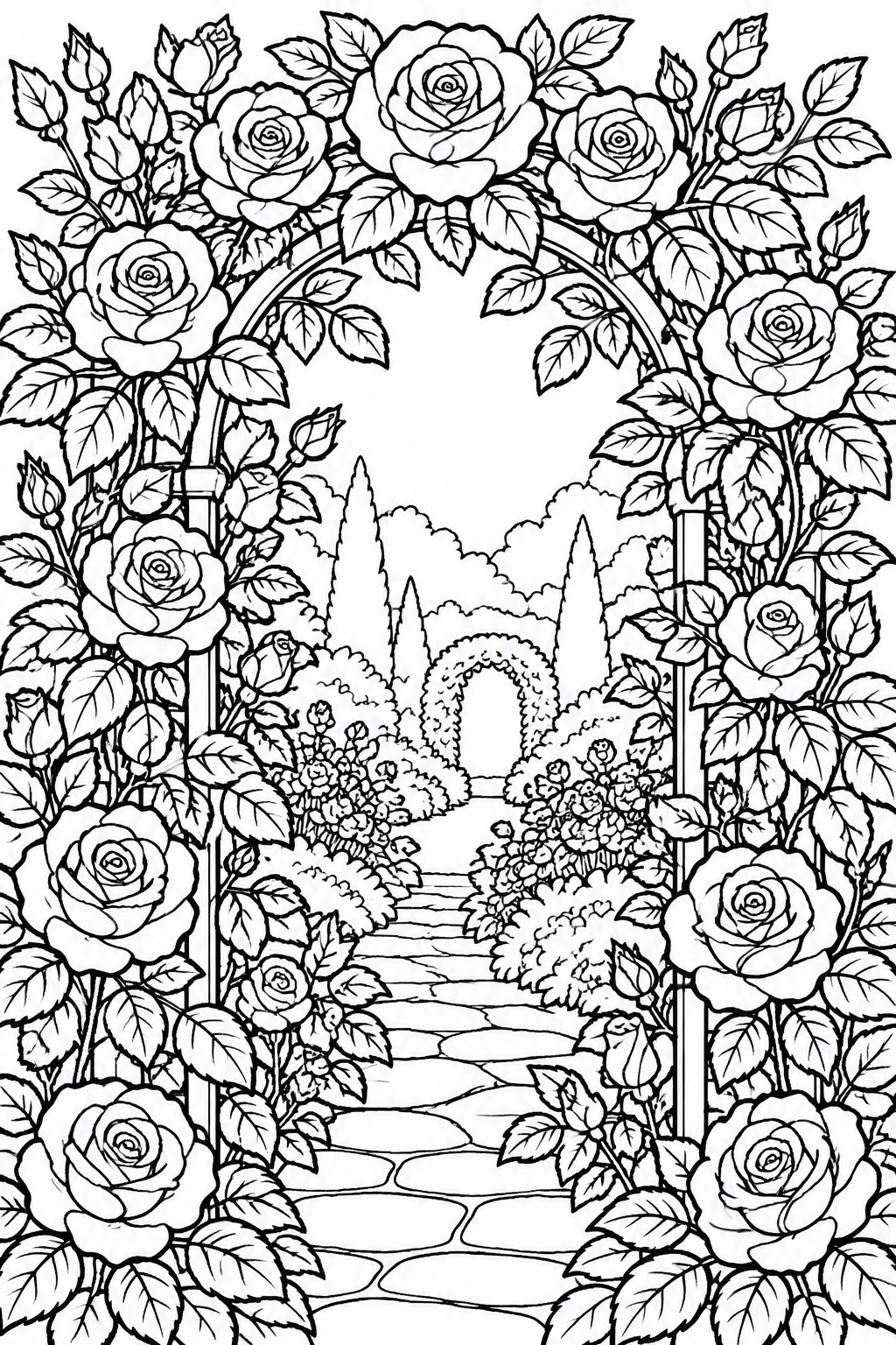 Black and white line drawing of roses arching over a stone garden path.