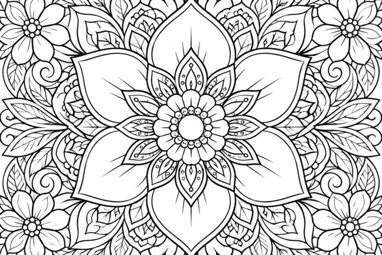 24 Marker-Friendly Adult Coloring Pages With Bold Outlines and Open Sections A black and white mandala coloring page featuring a central flower surrounded by large petals, leaves, and smaller flowers in the corners.