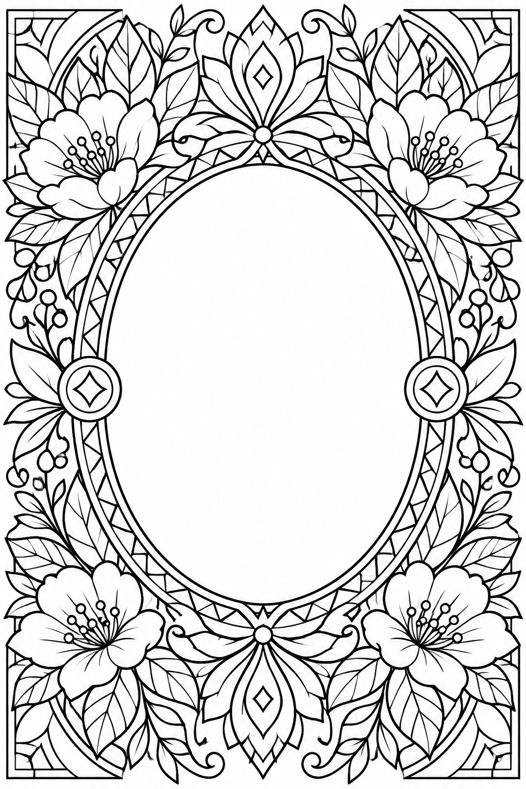 Ornate black-and-white floral frame with blossoms and leaves around empty oval center
