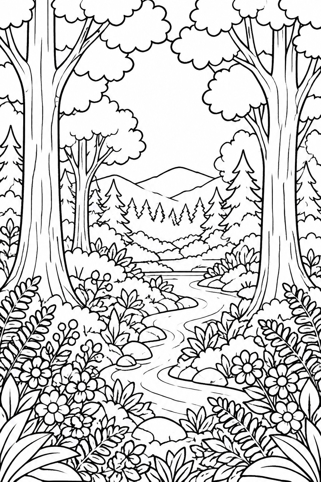 Black and white line art of a forest stream winding among trees and wildflowers.