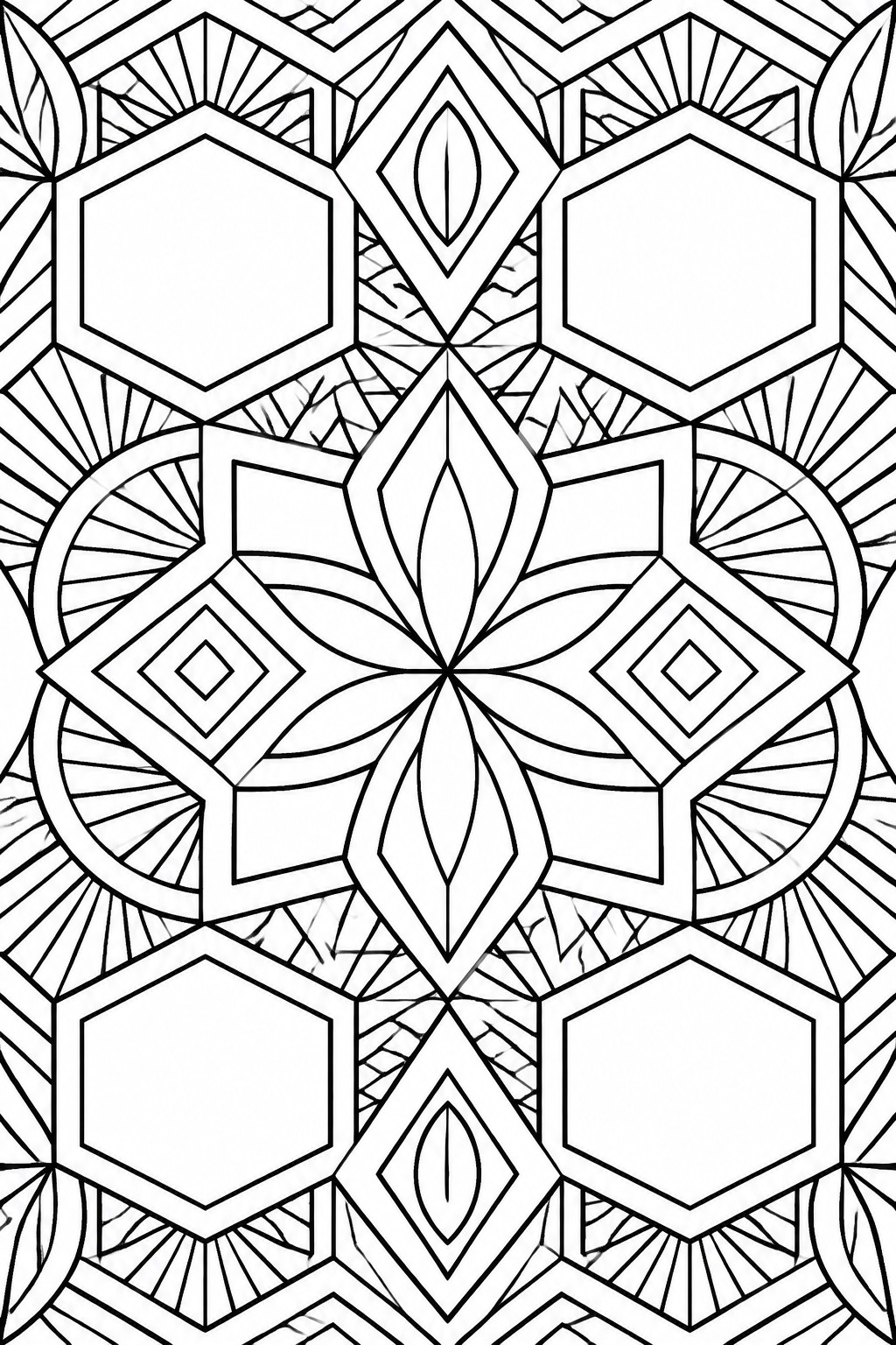 Intricate black-and-white mandala with hexagons, diamonds, leaves, and radiating geometric patterns.