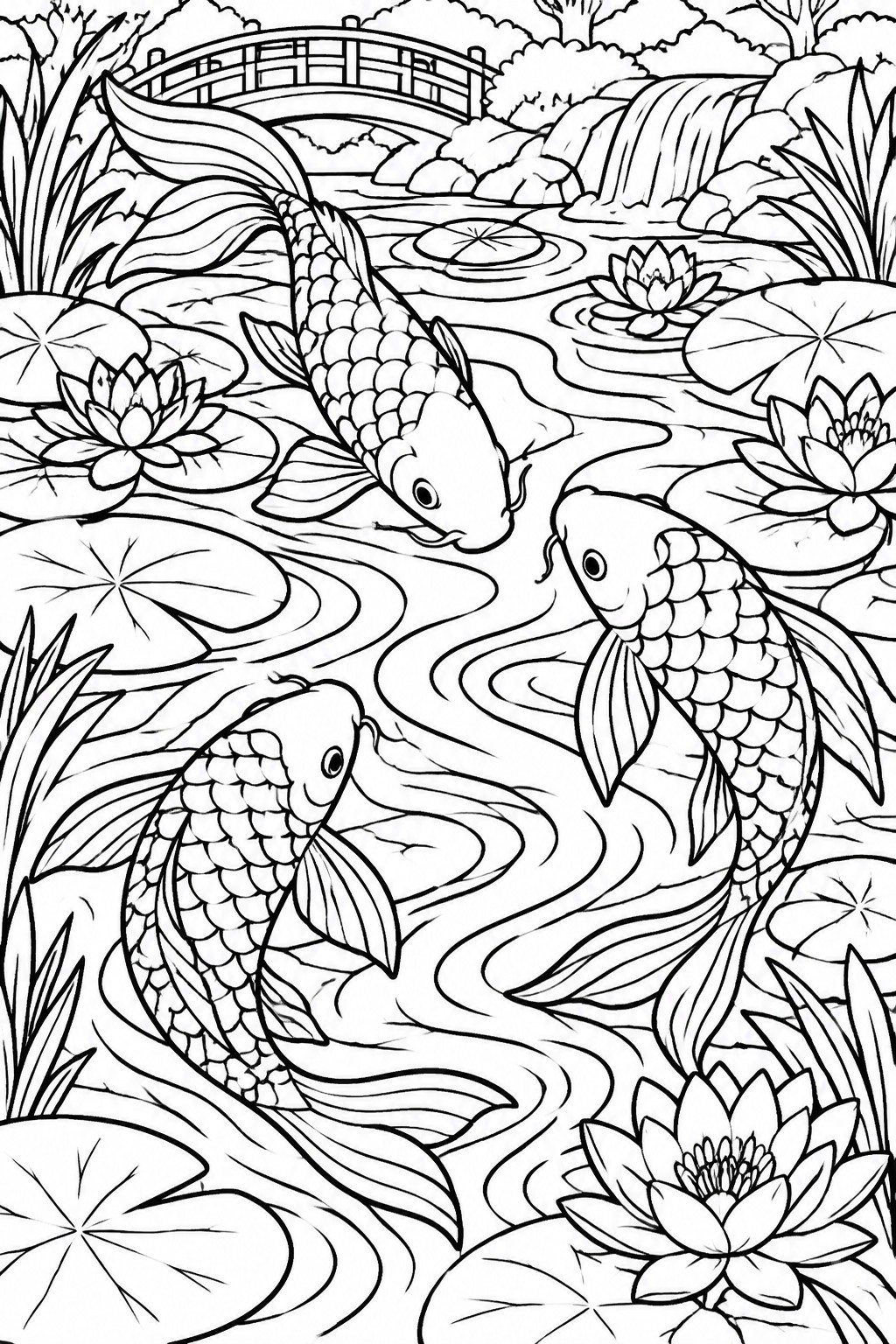Three koi fish swim in a pond amid lotus flowers, lily pads, bridge and waterfall.