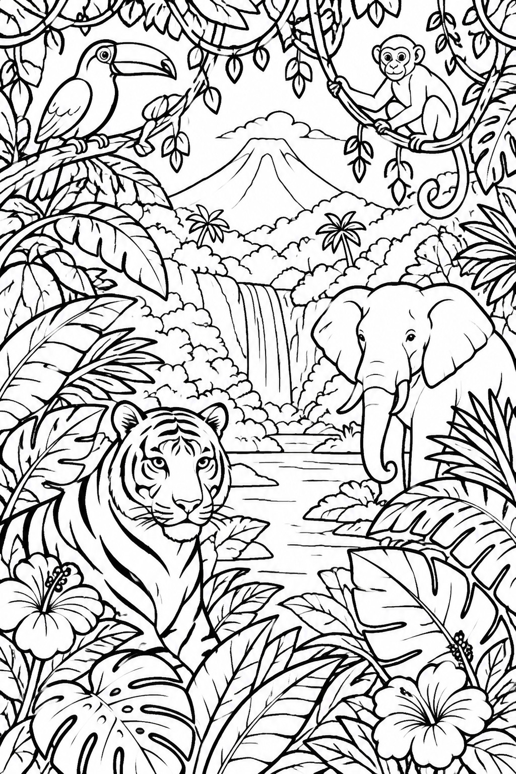Jungle coloring page with tiger, elephant, monkey, toucan, waterfall, and lush foliage