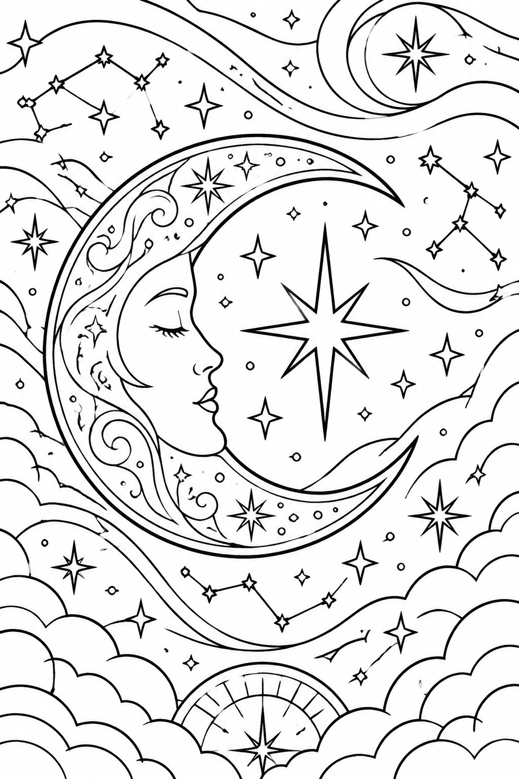 Line art of crescent moon with woman's profile face amid stars, constellations, and compass.