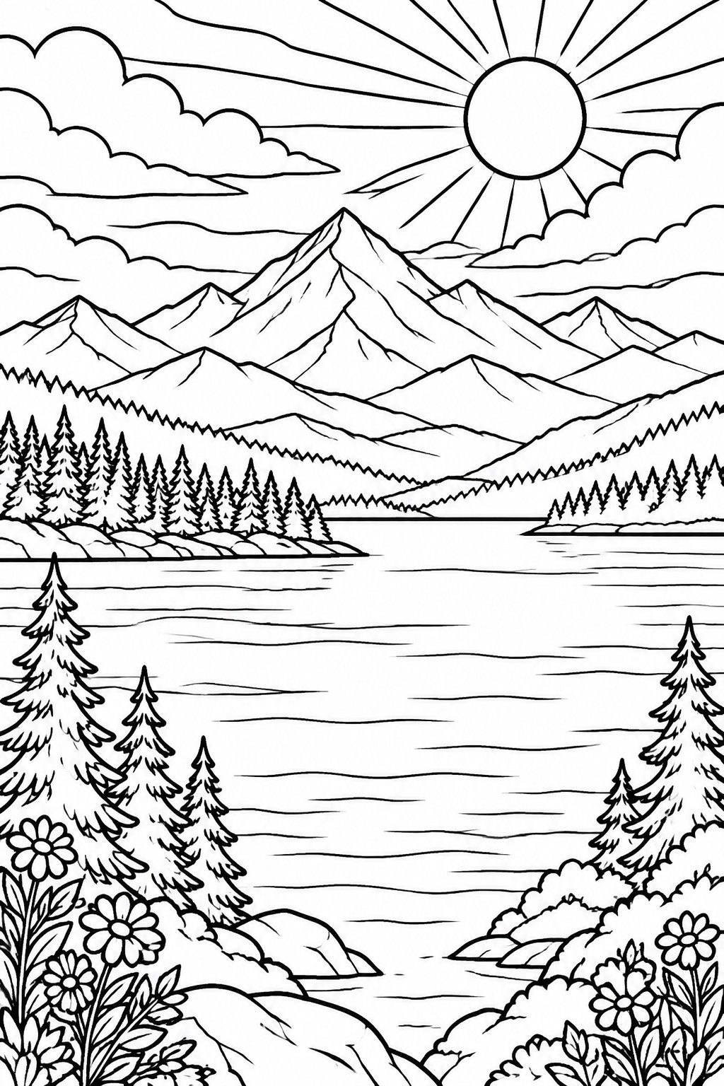 Black and white line drawing of a mountain lake with pine trees, flowers, sun, and clouds.