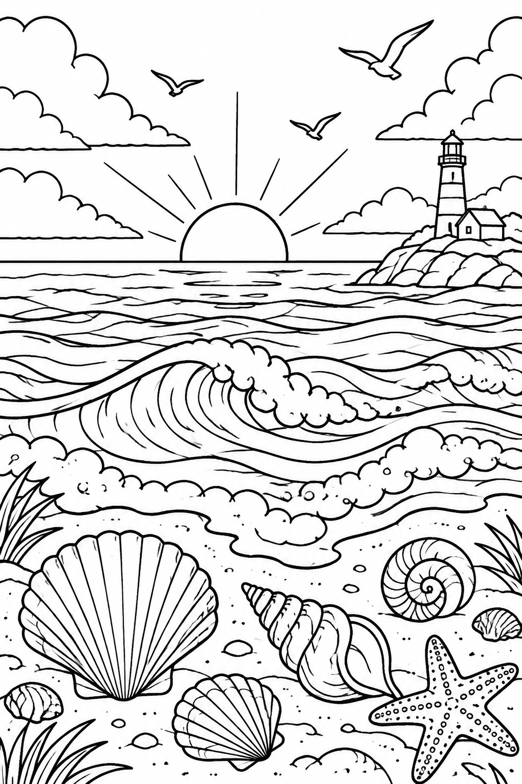 A black and white line drawing of a beach at sunset with waves, a lighthouse, seagulls, and various seashells on the sand.
