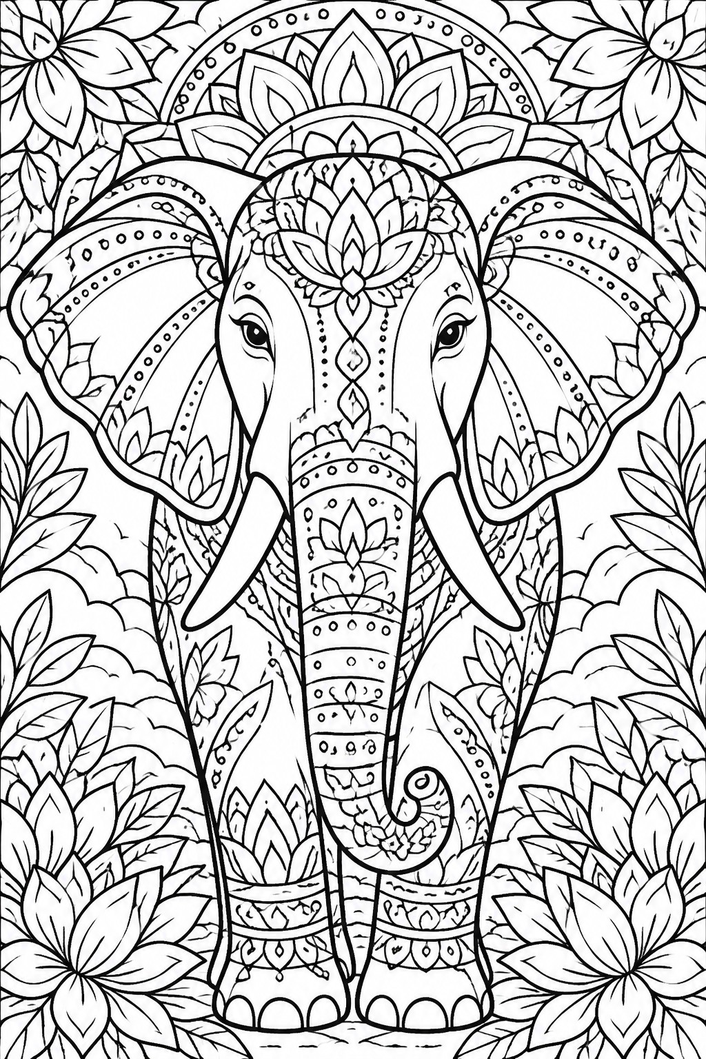 Intricate black-and-white mandala elephant with lotus patterns amid floral foliage