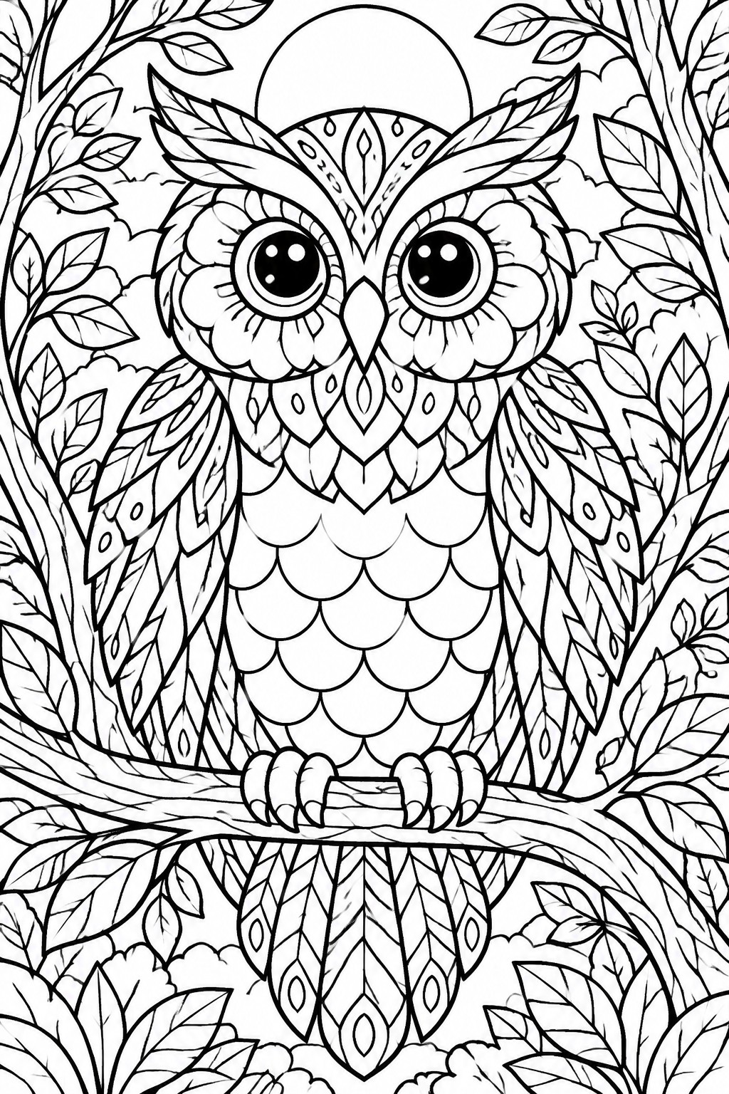 A black and white line drawing of a large owl perched on a branch with detailed feathers, leaves, trees, and a moon overhead.