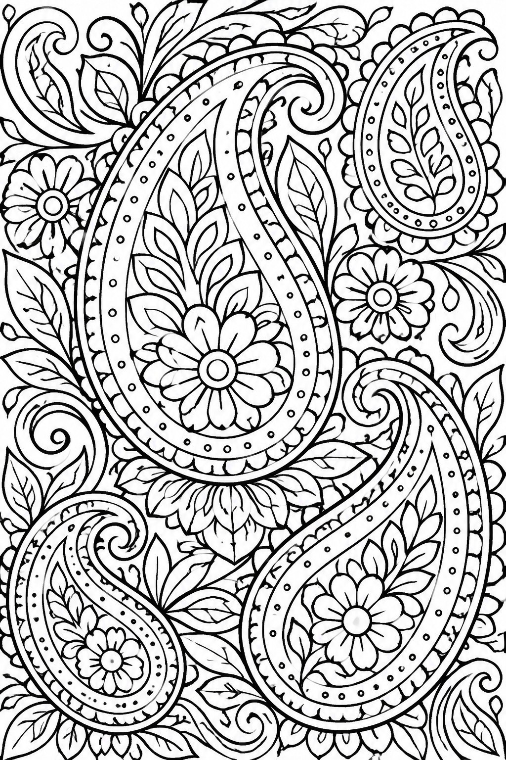 Intricate black and white paisley pattern filled with flowers, leaves, and swirls